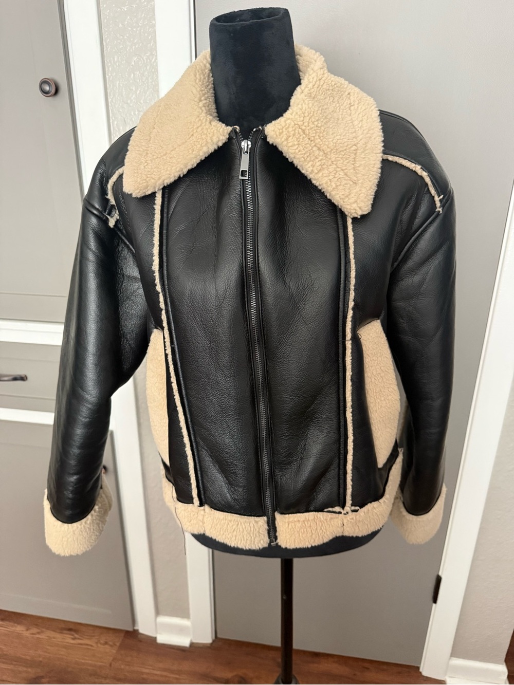 Time and Tru Black Faux Leather Bomber Jacket with Cream Shearling